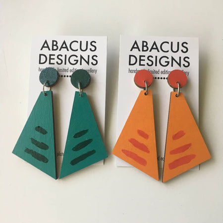 Hand painted teal green and orange geometric wooden earrings