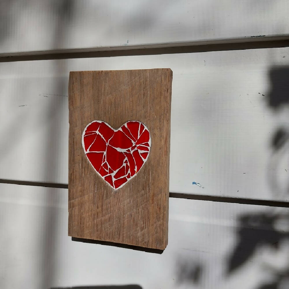 Red heart mosaic, stained glass wall art inlaid on reclaimed wood