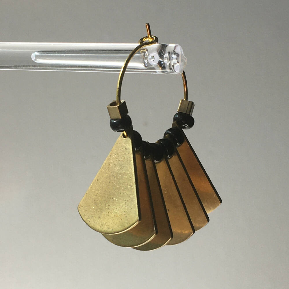 Black and Gold Brass Teardrop Geometric Hoop Earrings.