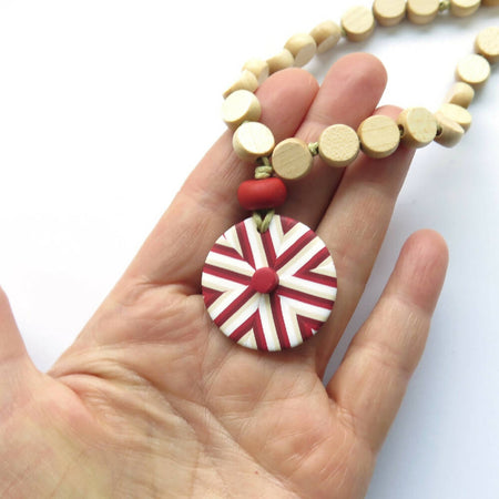 Red Vintage stripe drop Polymer Clay pendant and wooden necklace