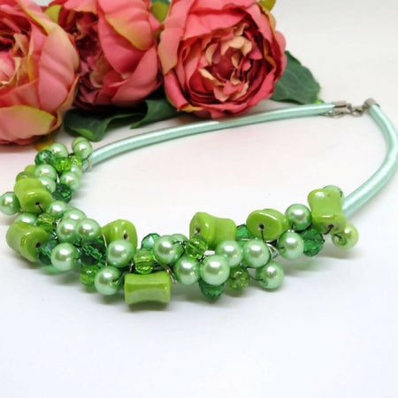 Greens Crochet Wire Wrapped Beaded Necklace