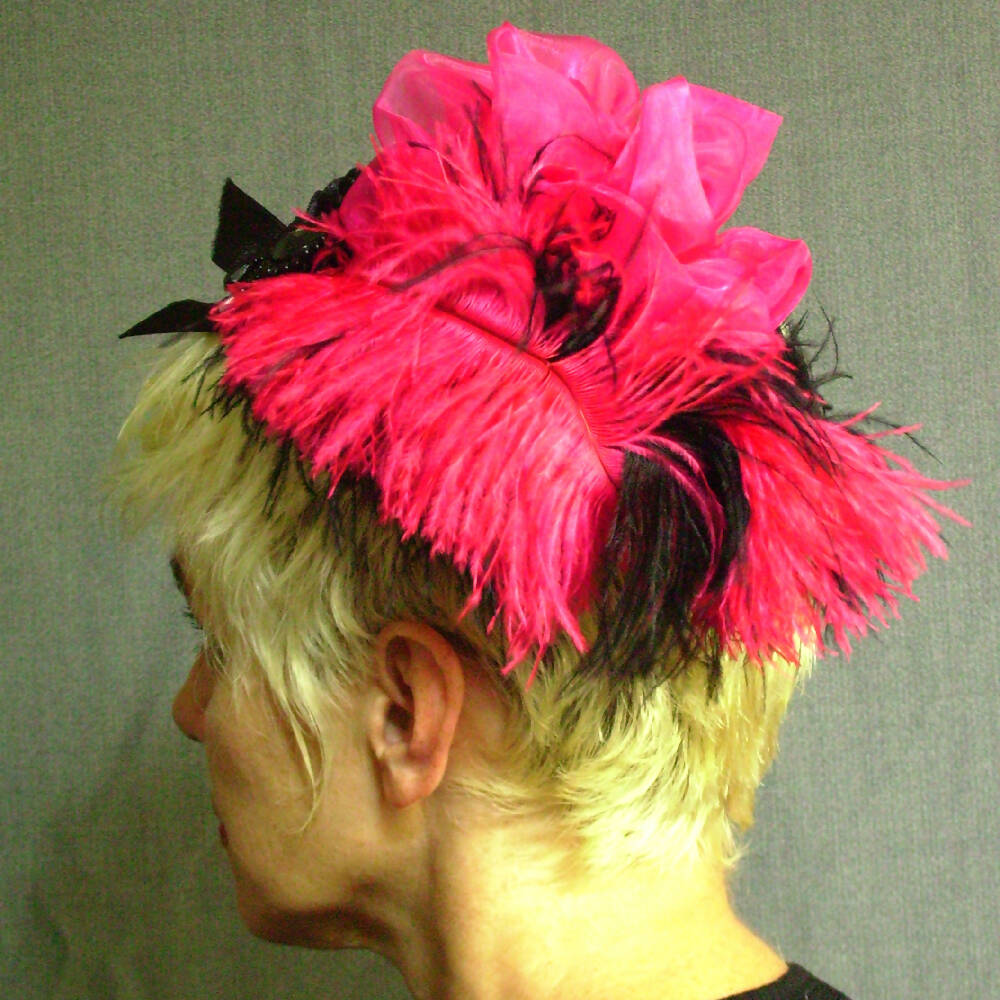 Race Day Hat / Fascinator / Cocktail Hat - Bright Pink with ostrich plumes etc