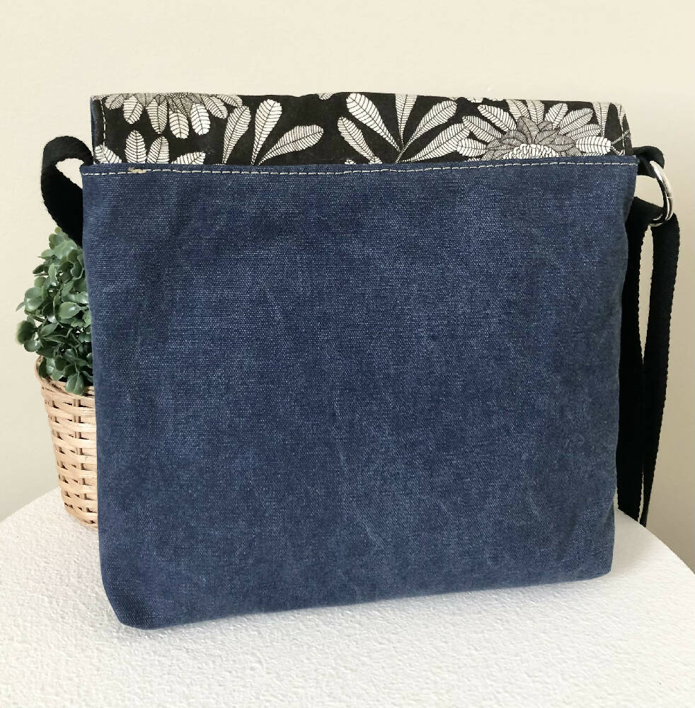 Blue Canvas and Genuine Leather Crossbody Bag with Waratah Australian Flora