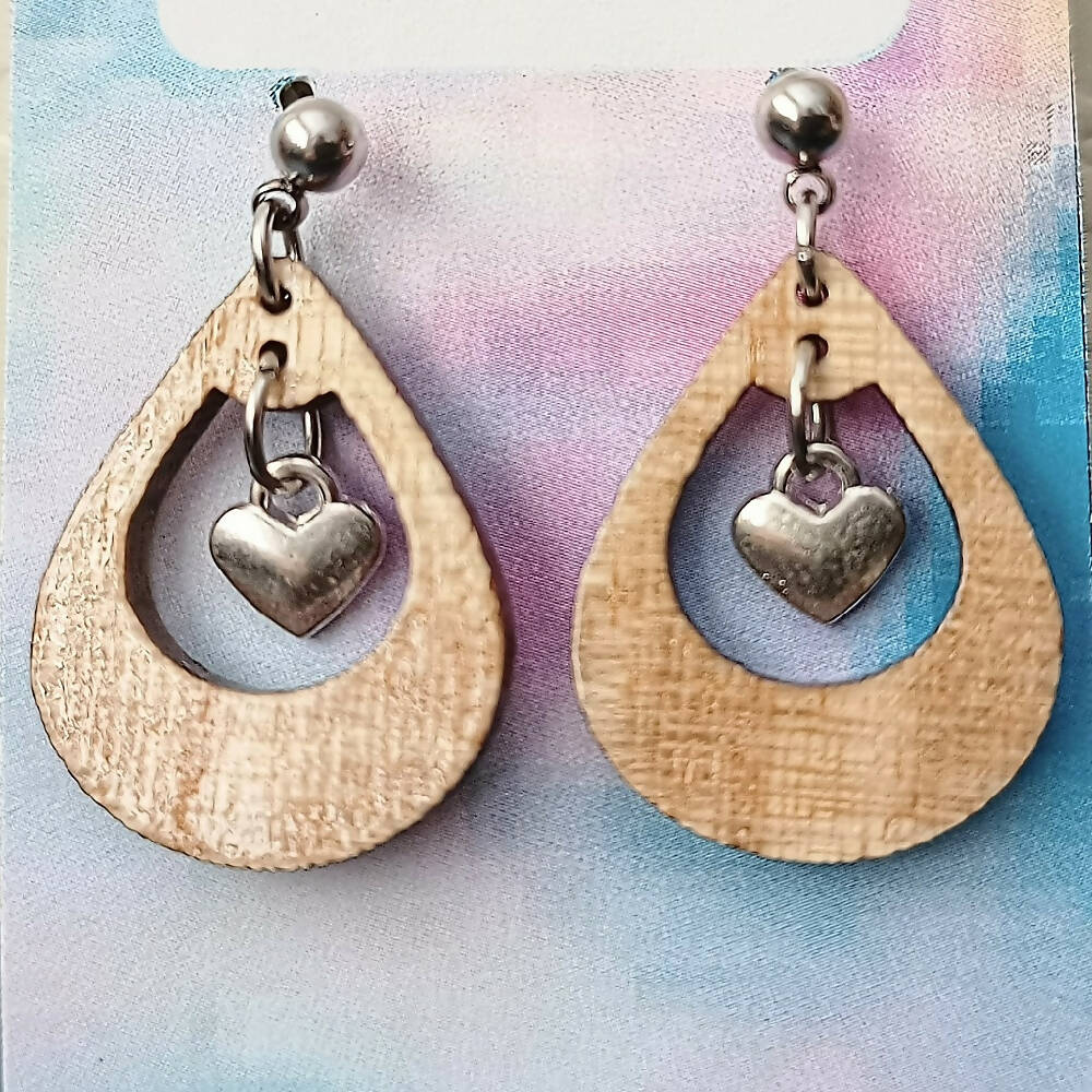 Wood & Heart Charm Teardrop Earrings