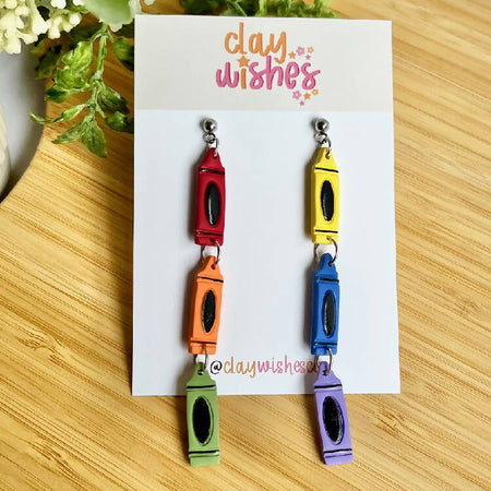 Crayon Dangle Earrings, Six Crayons, Polymer Clay Earrings - Multi-Colour