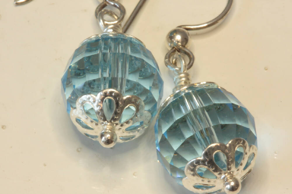 Aquamarine Blue Swarovski Chess Board Crystal Sterling Silver Earrings