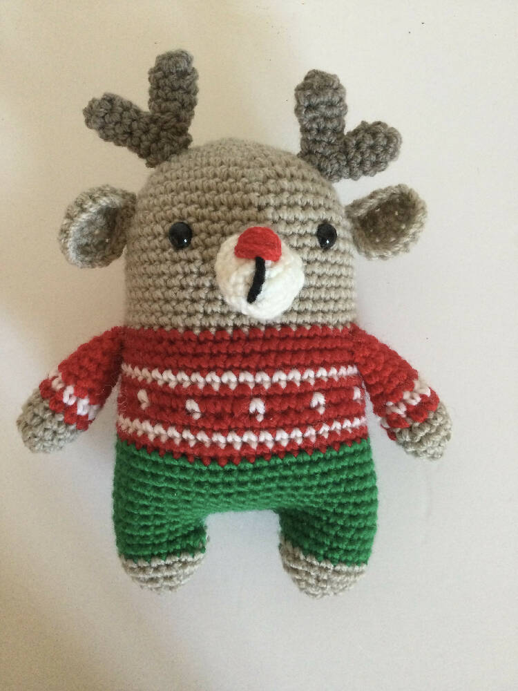 Reindeer with Red Top/Green Pants - crocheted toy