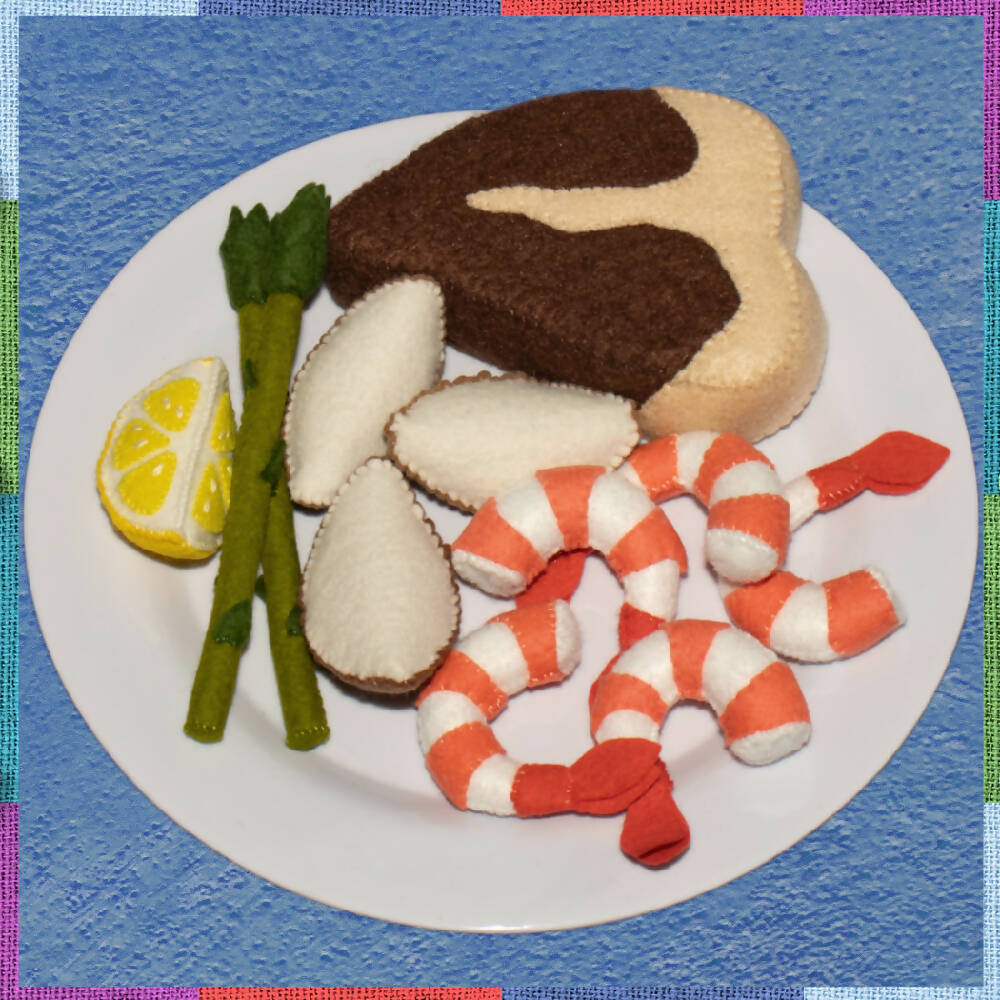 FELT FOOD STEAK AND PRAWNS