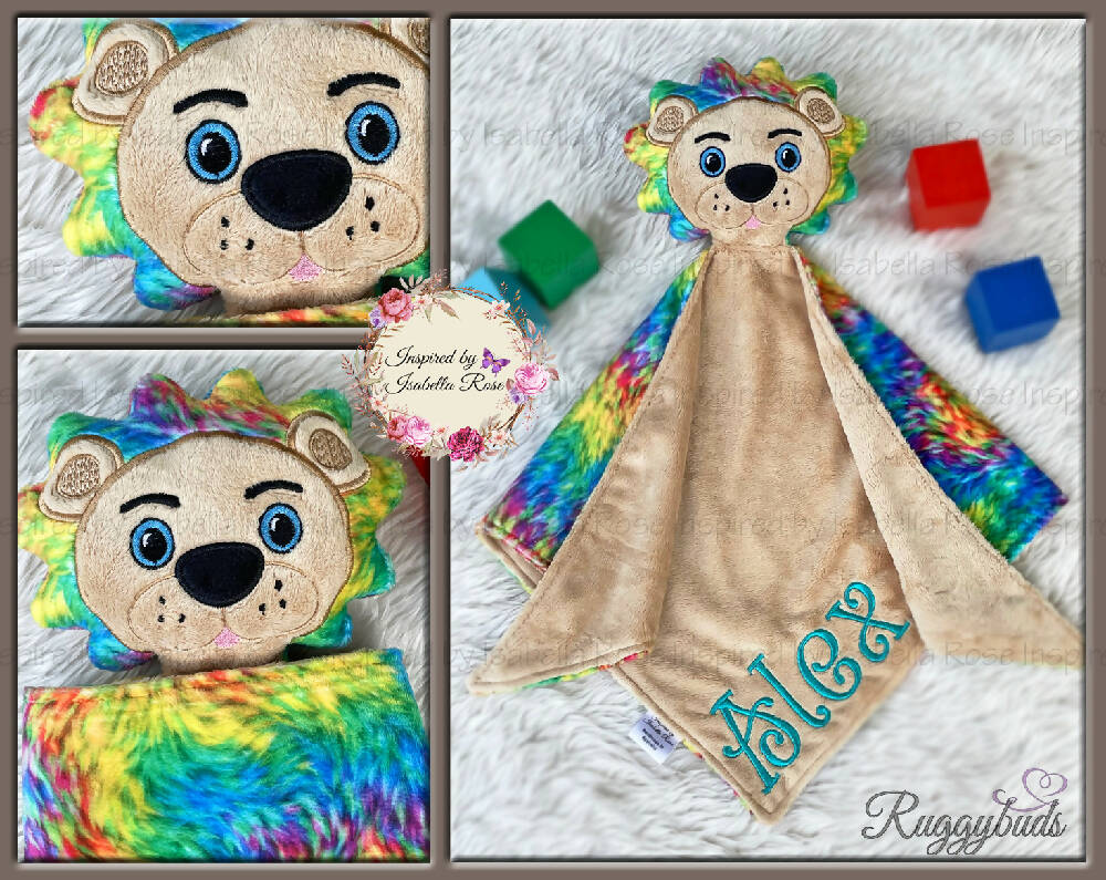 Baby comforter, Embroidered name, Lion themed Ruggybud, Made to order