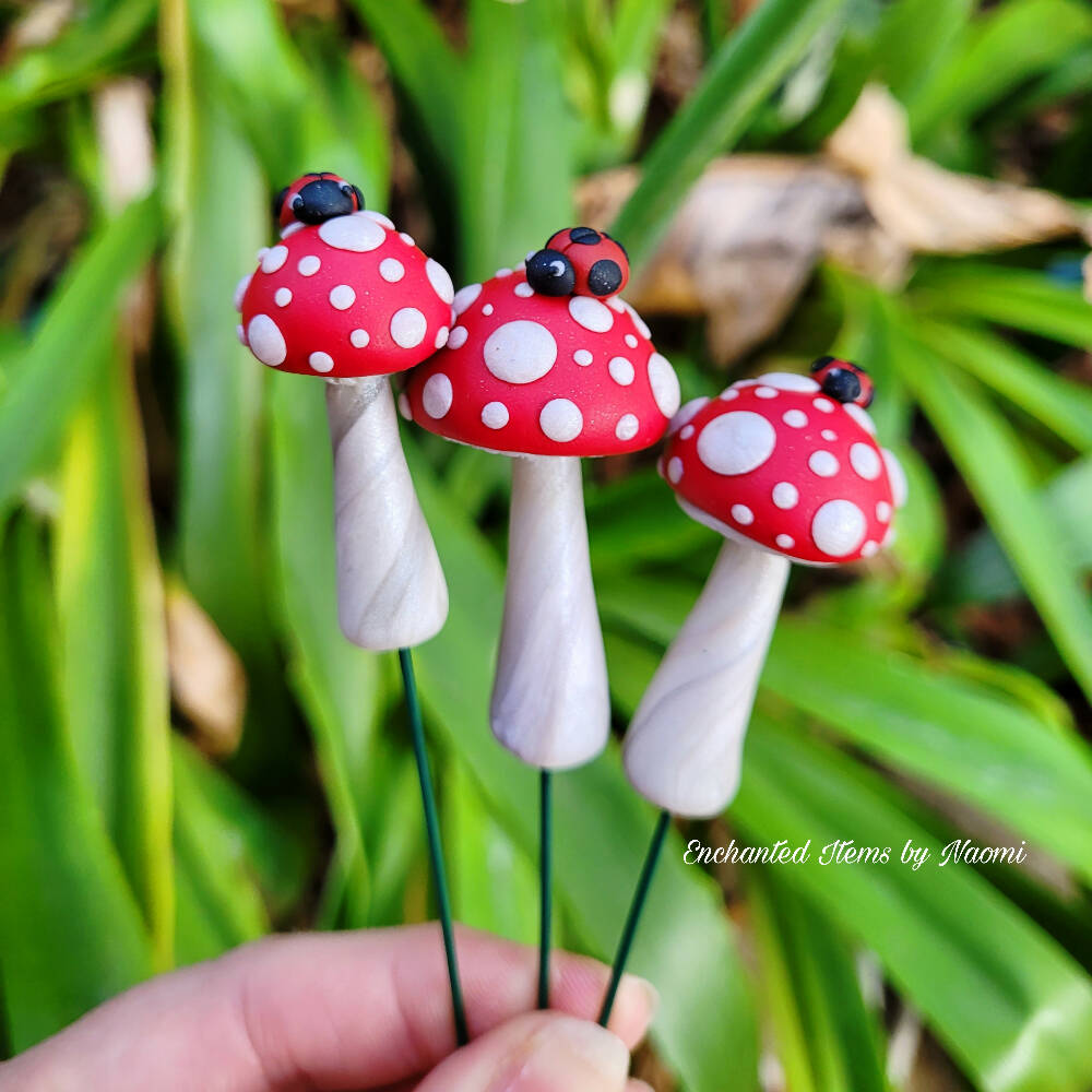 Traditional red Fairy garden Mushrooms with Ladybirds set of 3