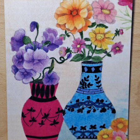 Two vases of flowers, blank card