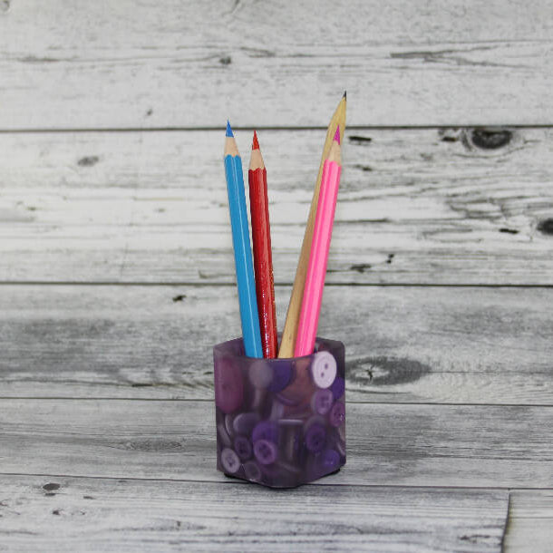 Pencil Pot - Buttons & Resin - PURPLE - Toothpicks & Trinkets