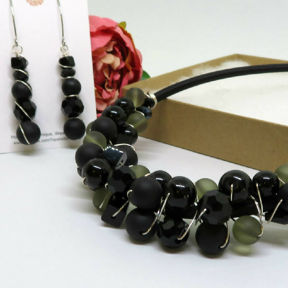Black Olive/Grey Wire Wrapped Beaded Necklace Earrings Set