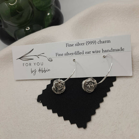 Fine silver rose hoop earrings with handmade ear wire