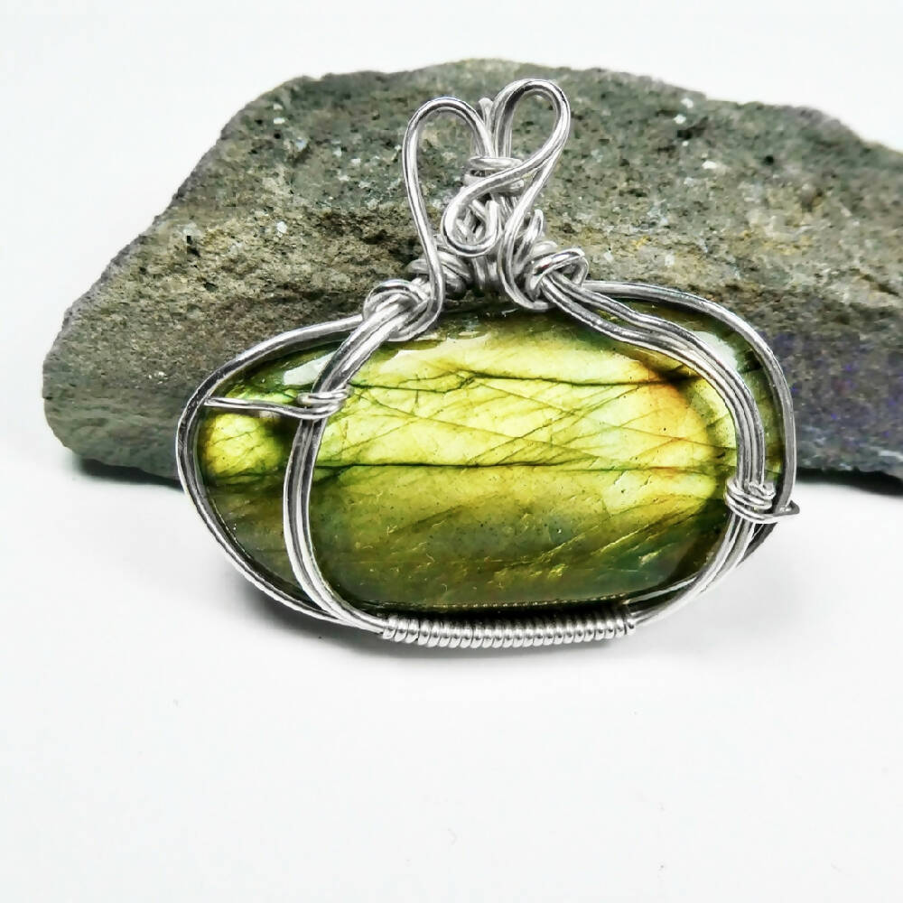 Large Labradorite pendant, Sterling silver wire wrapped