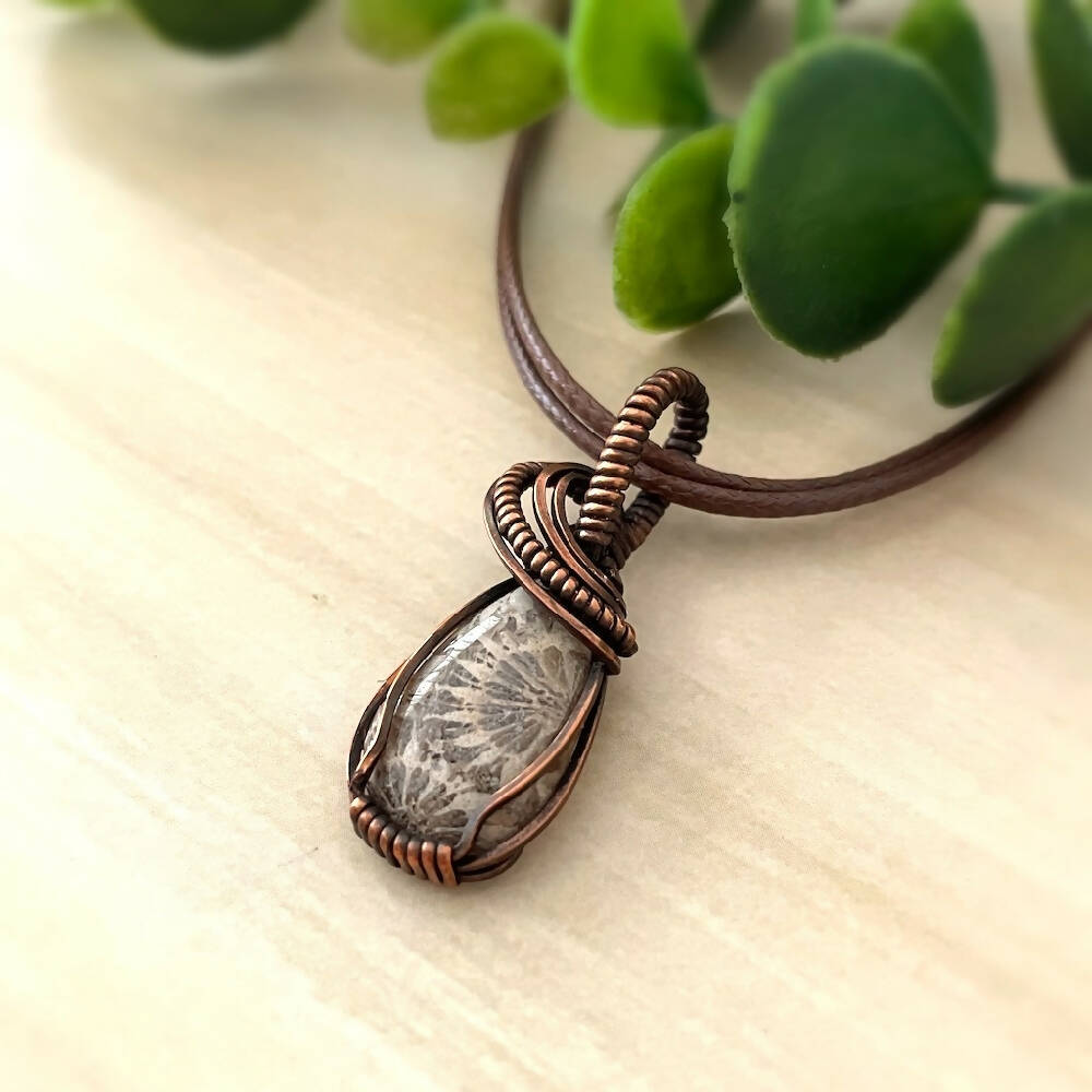 40x15mm Wire-Wrapped Fossilised Coral Pendant