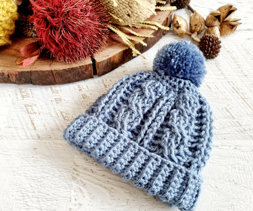 Baby Beanie Slate Blue Newborn Crochet Knitted Cable Hat