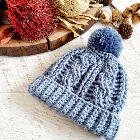 Baby Beanie Slate Blue Newborn Crochet Knitted Cable Hat