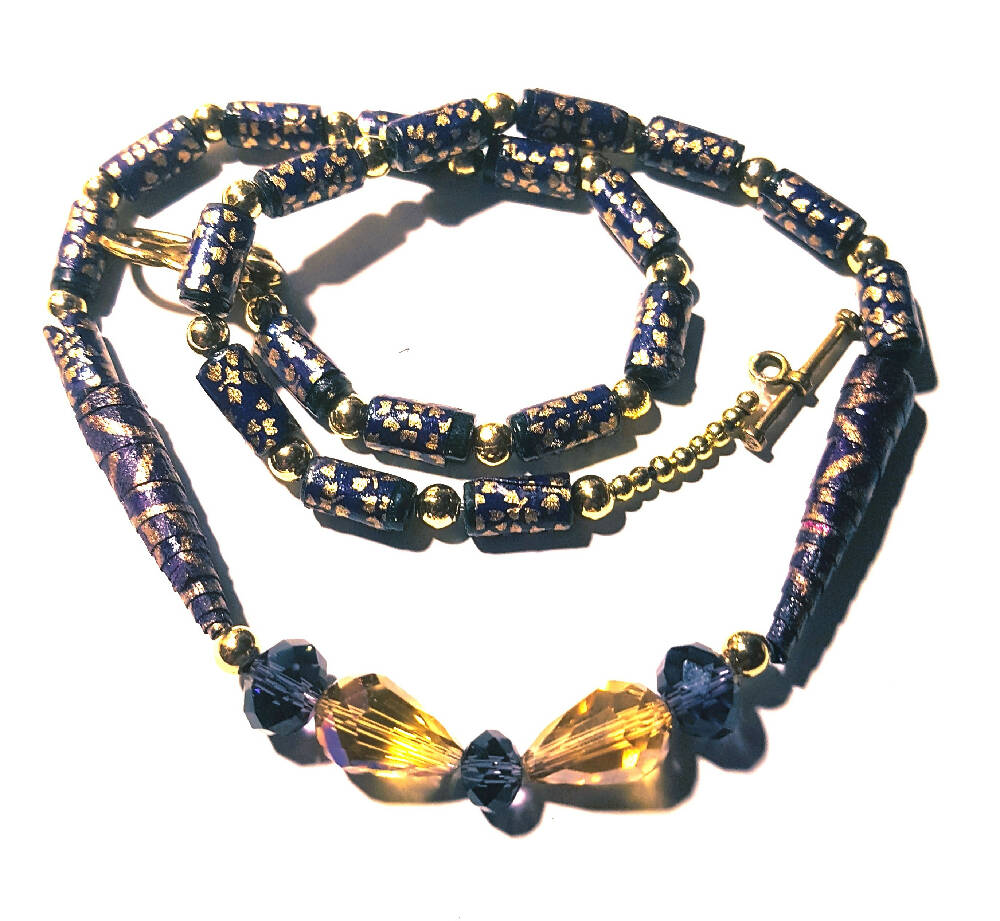 Beaded necklace, paper beads, black and gold