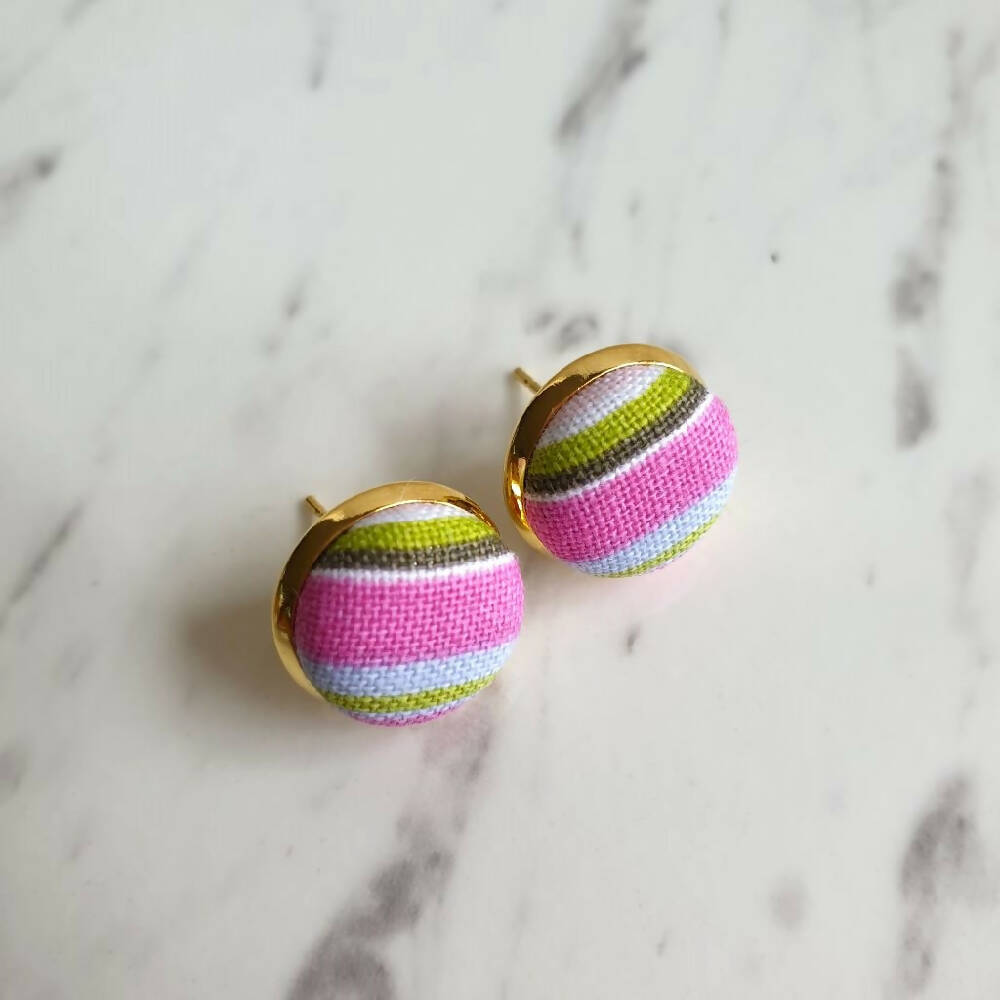 1.4cm Round Cabochon pink stripe fabric stud earrings No.10