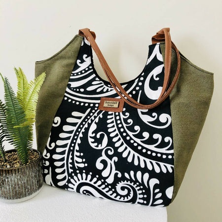 SALE! Green Canvas Tote Bag with Black and White Paisley