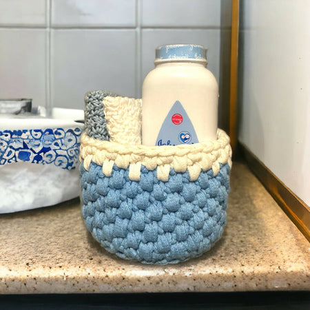 Handmade Crochet Blue Baby Basket - small