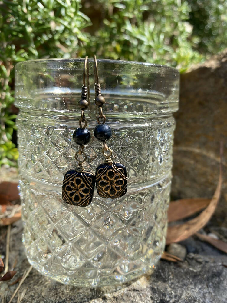 Black and Gold Etched Lucite and Brass Drop Earrings