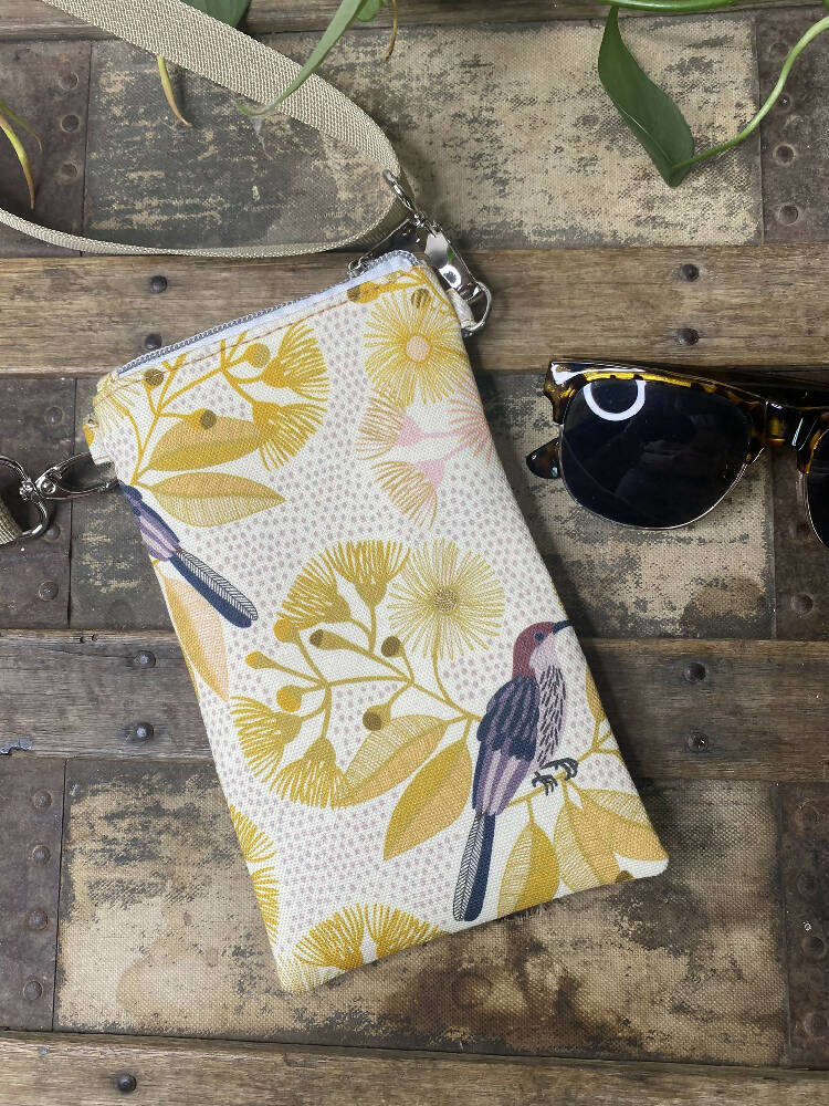 Mini Crossbody Bag - Wattle Bird & Gum Blossom/Mustard Faux Leather