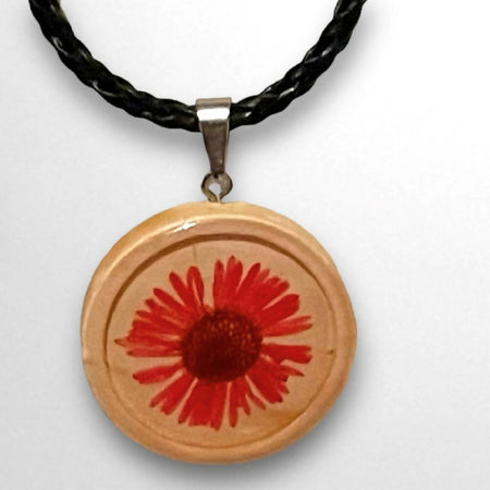 Red Daisy Flower Wood and Resin Pendant on Necklace