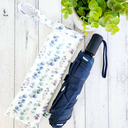 Umbrella Bag, Waterproof Reusable Zip Bag, Eucalypt Leaves, White Zip
