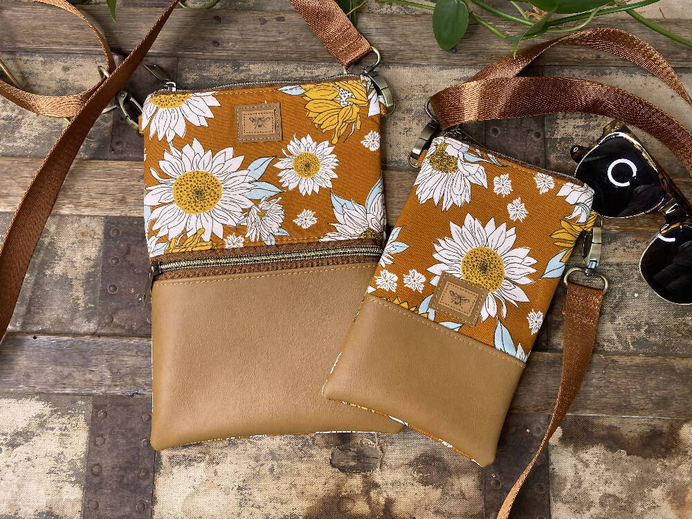 Mini & Small Crossbody Bag - Sunflowers on Mustard/Tan Faux Leather