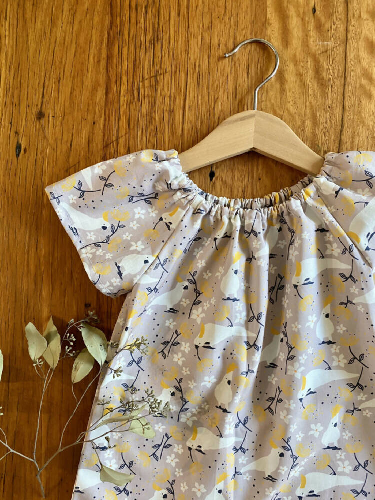 dress - grey cockatoos / cotton peasant-style dress mushroom taupe