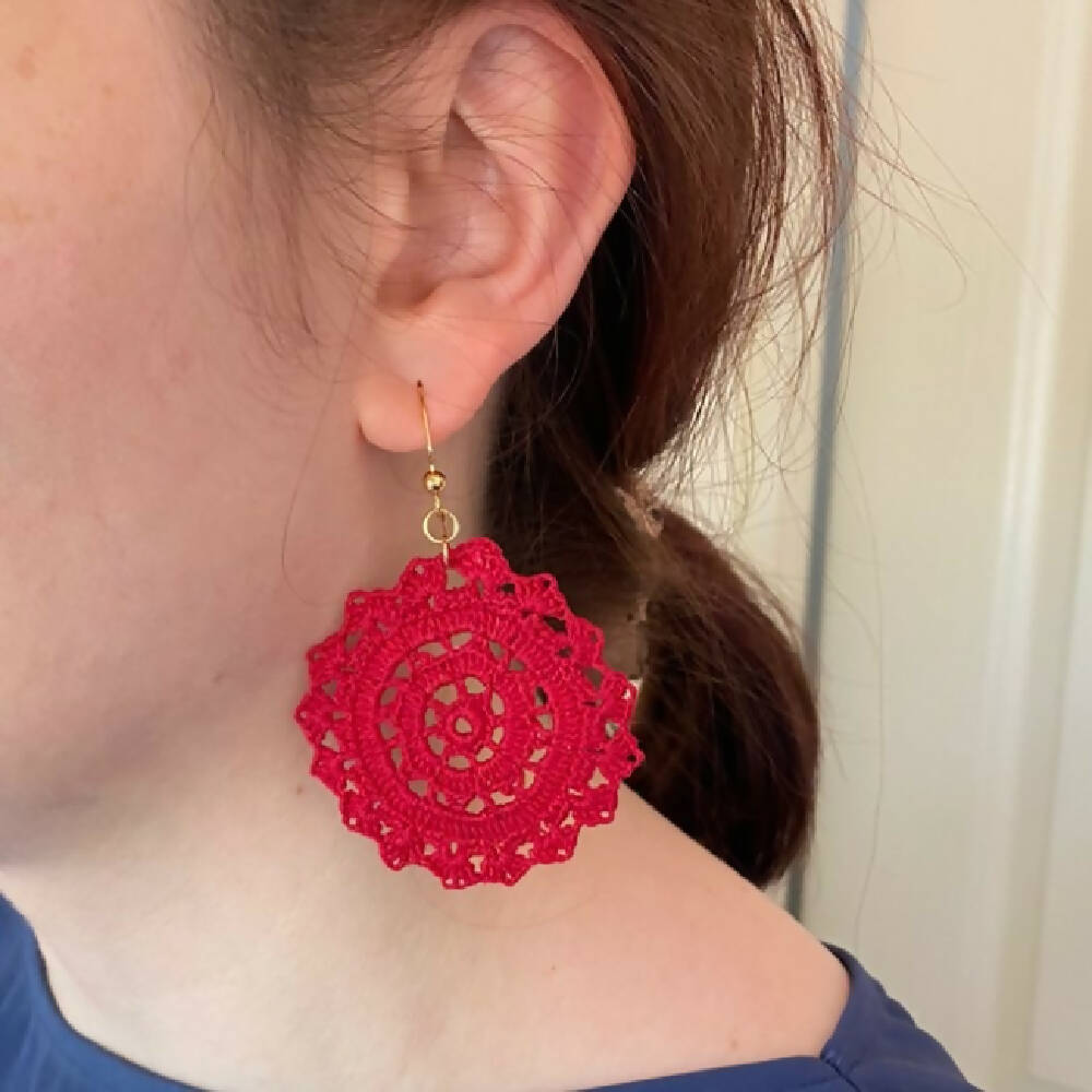 Crochet red lace mandala earrings