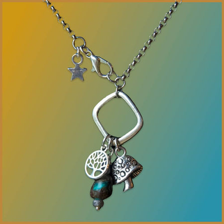 Forest Magic - Mushroom Charm - Tree of Life - Wire wrapped Natural Agate - Stainless Steel Chain Necklace -