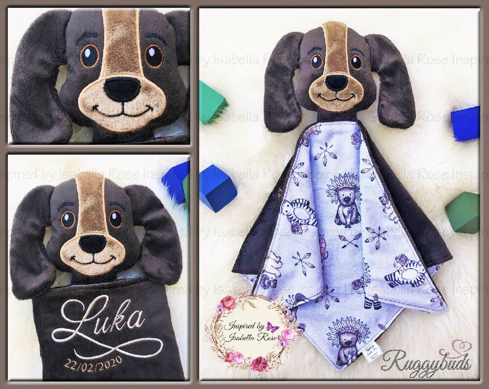 Baby comforter, Embroidered name, Puppy themed Ruggybud, Made to order