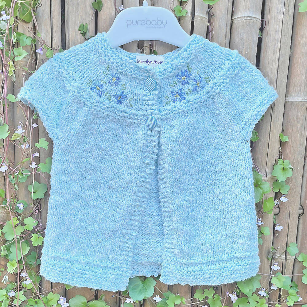 Special occasion cardigan. Blue with hand embroidered flowers. Wedding, baptism.