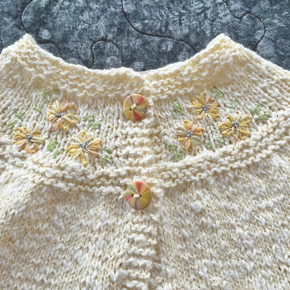 Special occasion cardigan. Lemon with hand embroidered flowers. Wedding, baptism.