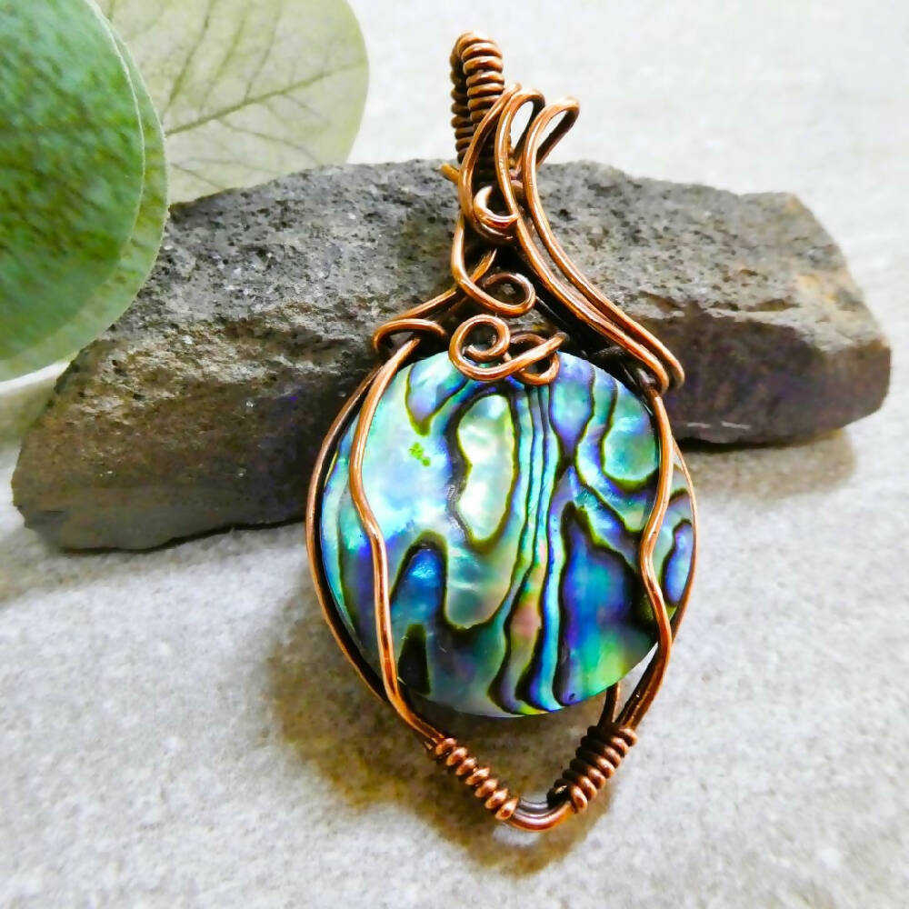 Large Paua Abalone shell pendant copper wire wrapped