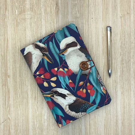 Kookaburra refillable A5 fabric notebook cover with bonus book and pen.