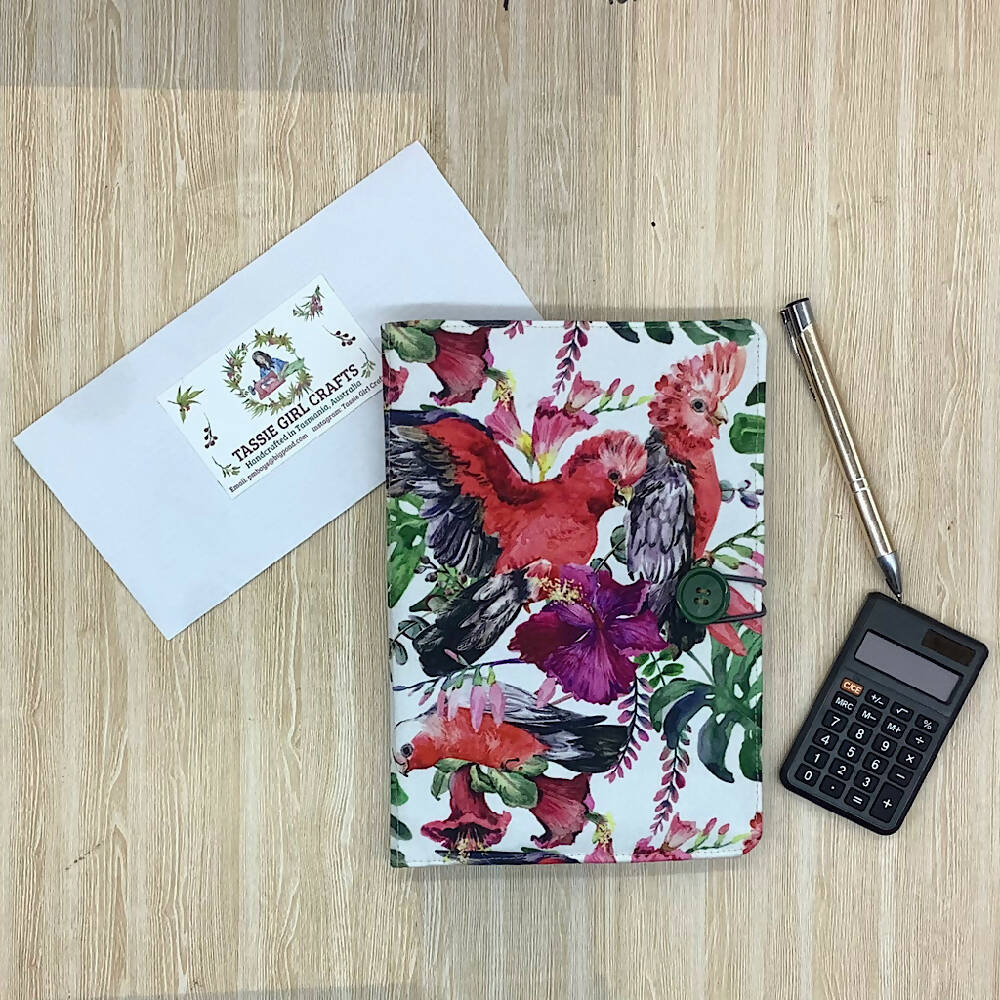 Australian bird galah refillable A5 fabric notebook cover gift set - incl. book and pen.