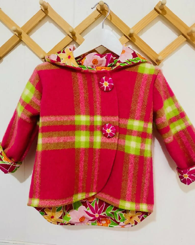 Hot Pink & Lime Green Vintage Wool Blanket Upcycled Coat Size 3