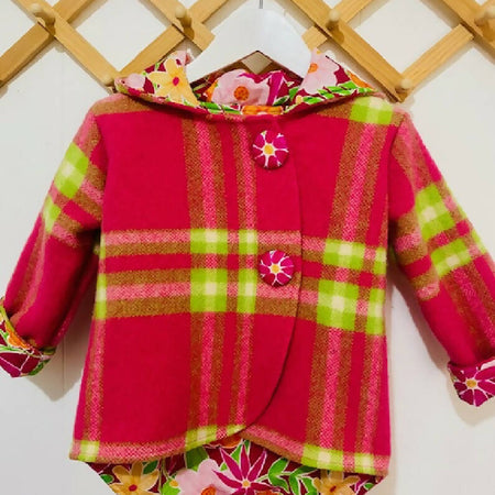 Hot Pink & Lime Green Vintage Wool Blanket Upcycled Coat Size 3