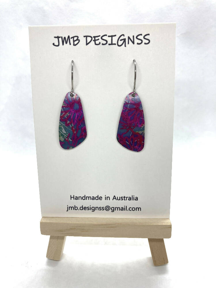 Printed and dyed pink and grey anodised aluminium earrings