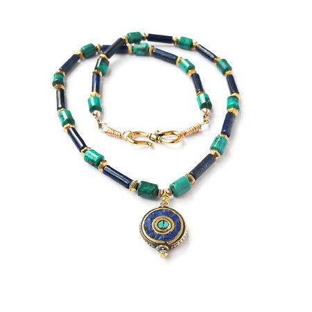 Necklace Lapis Lazuli, Turquoise Gold, Nepal Pendant