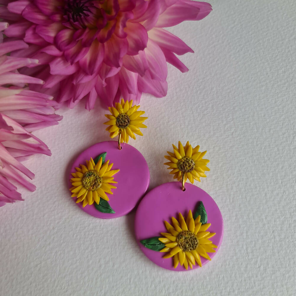 Earrings, Sunflowers on Pink