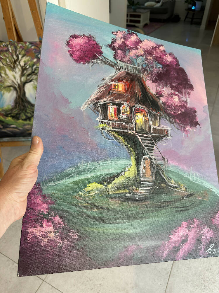 Dreamy pink blossom, acrylic on canvas board, 40x50 cm