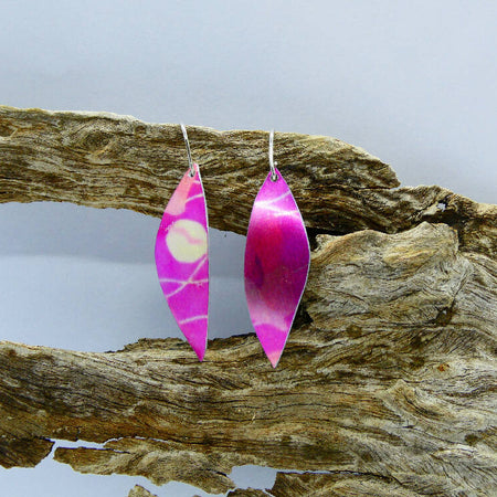 Printed and dyed pink anodised aluminium earrings
