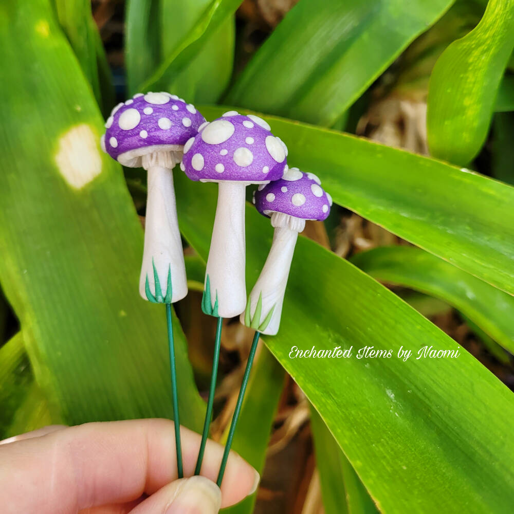 Purple Fairy garden Mushrooms set with Ladybirds