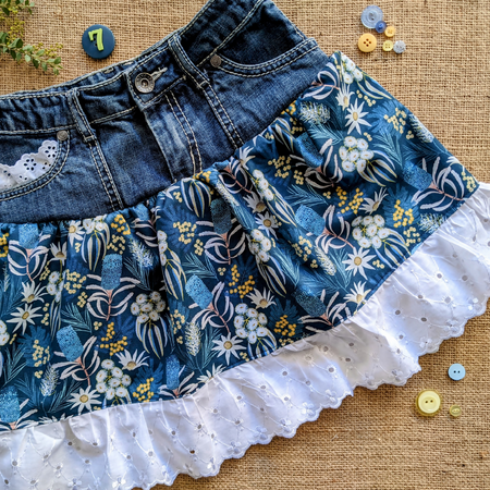 Size 6-7 Upcycled Denim Girls skirt flannel flowers and wattles
