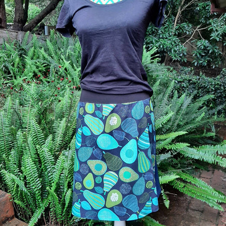 Avocado and pear skirt in blues and greens
